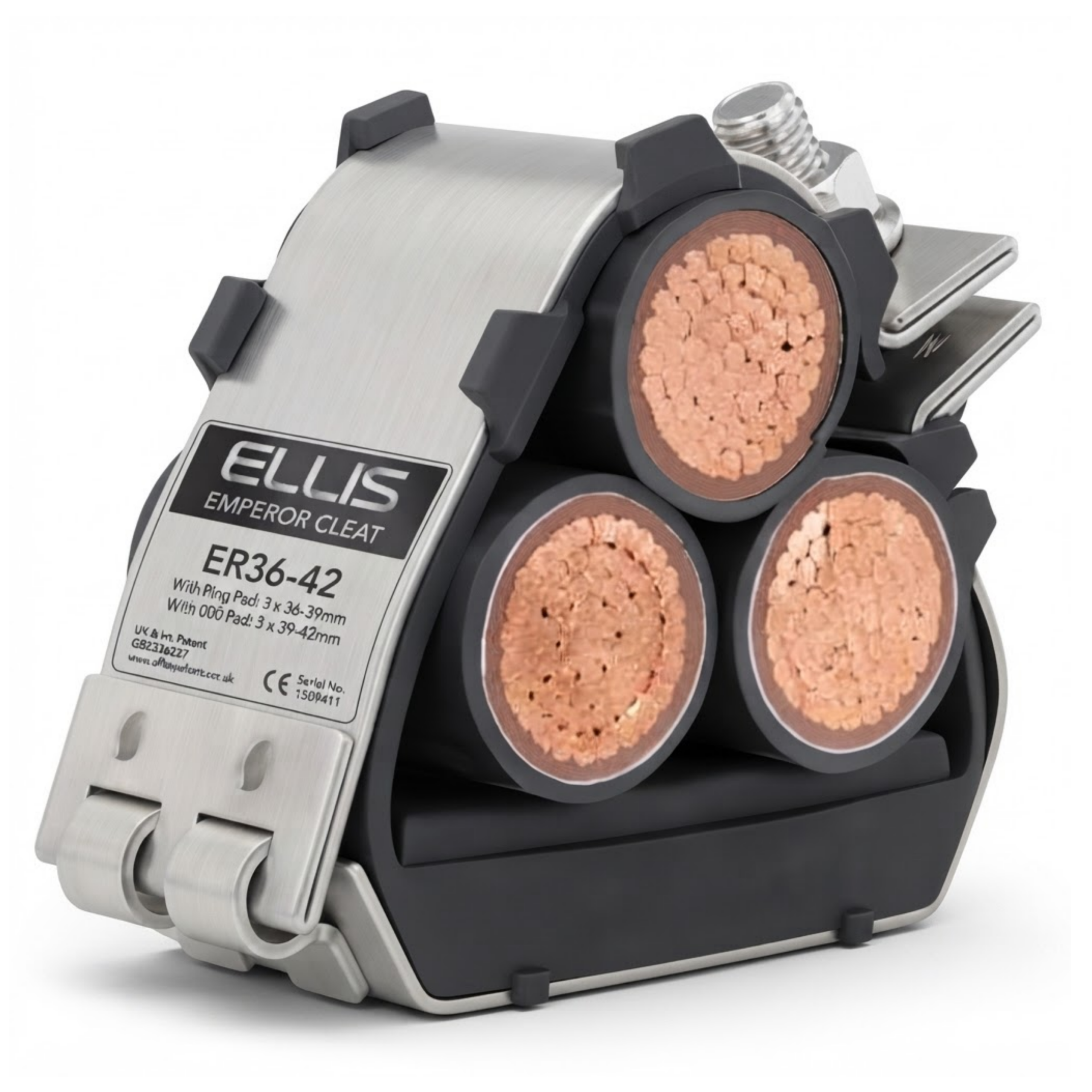 Ellis Patents Trefoil Cable Cleat Ellis Patents stainless-steel trefoil cable cleat for single-core power cables