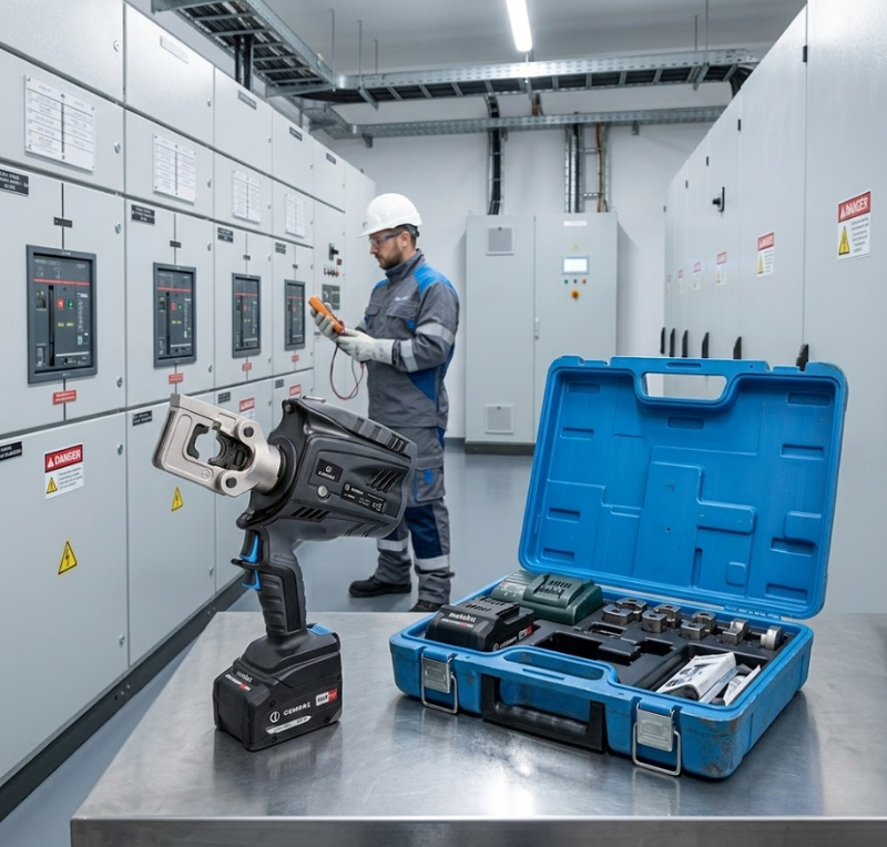 Hydraulic Battery Crimping Tool in Electrical Switchroom LV MV HV Hydraulic Battery Crimping Tool in Electrical Switchroom LV MV HV