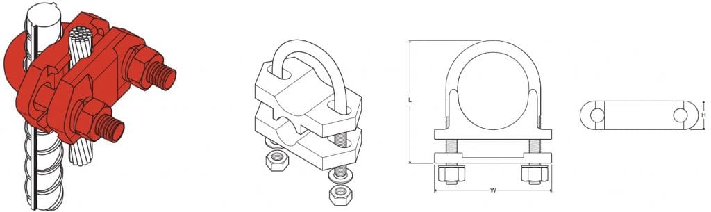 Earth Clamps - Copper Rod To Earth Tape & Cable 'U' Bolt Clamps Dimensions