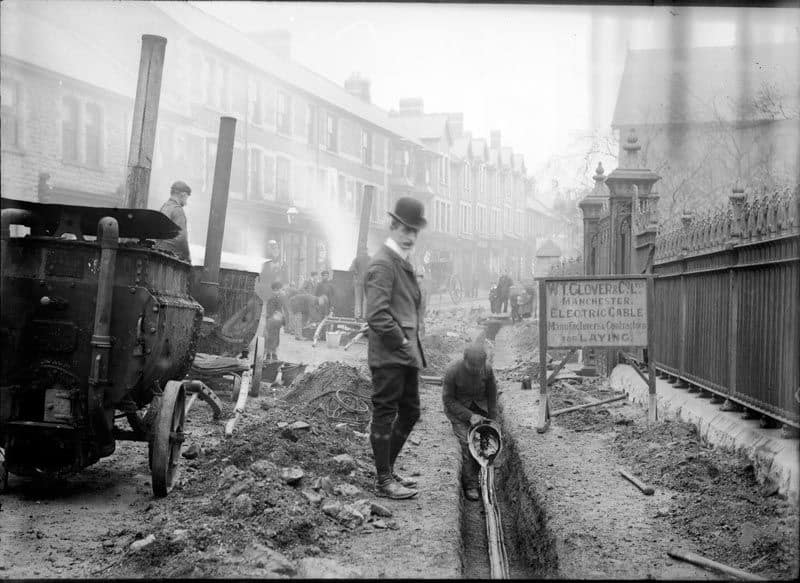 W.T. Glover, Trafford Park, installation of cabling, with motor vehicle clearly visible, 1905