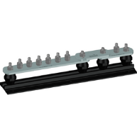 6 Way + Link + 1 Way Tinned Copper Earth Bar, Stainless Steel Bolts, Mounted on Insulators & Black PVC Base.