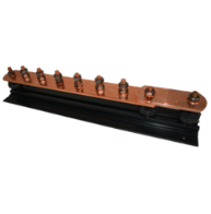 6 Way + Link Plain Copper Earth Bar, Phosphor Bronze Bolts, Mounted on Insulators & Black PVC Base.