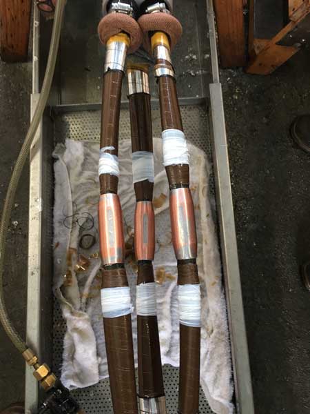 Chamfered 33kV Cores Ready For Taping - the white tape isn't insulation tape