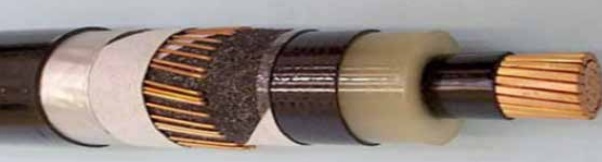 Figure 9 – Single-core 36 kV cable with XLPE insulation, bonded insulation screen, copper wire earth screen, waterswellable tapes and PVC outer sheath
