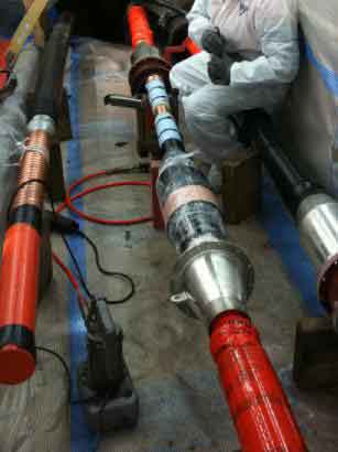 Prysmian 110kV Screen Break Joint - an older style 110kV Prysmian screen break joint used on a super-sheathed cable (stainless steel corrugated sheath over the copper corrugated sheath).