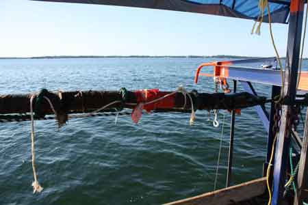1. The cable splicing barge comes alongside the buoy marker for a previously installed cable and pulls it up onto the barge, secures it, and anchors all four corners of the barge.