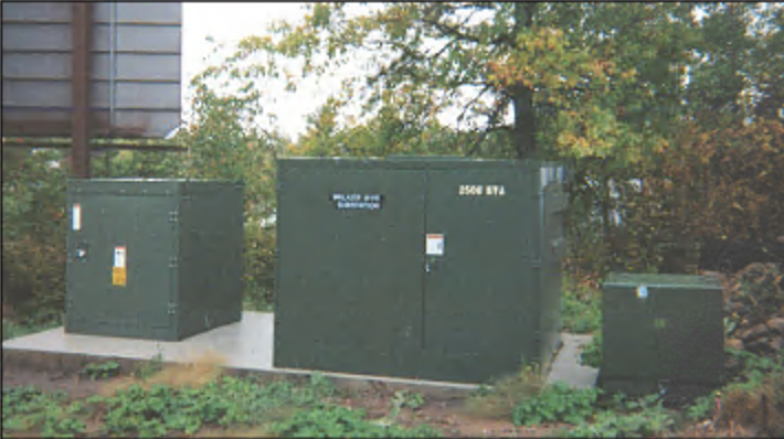 Padmount recloser (left), three phase stepdown transformer (center) and single phase transformer.