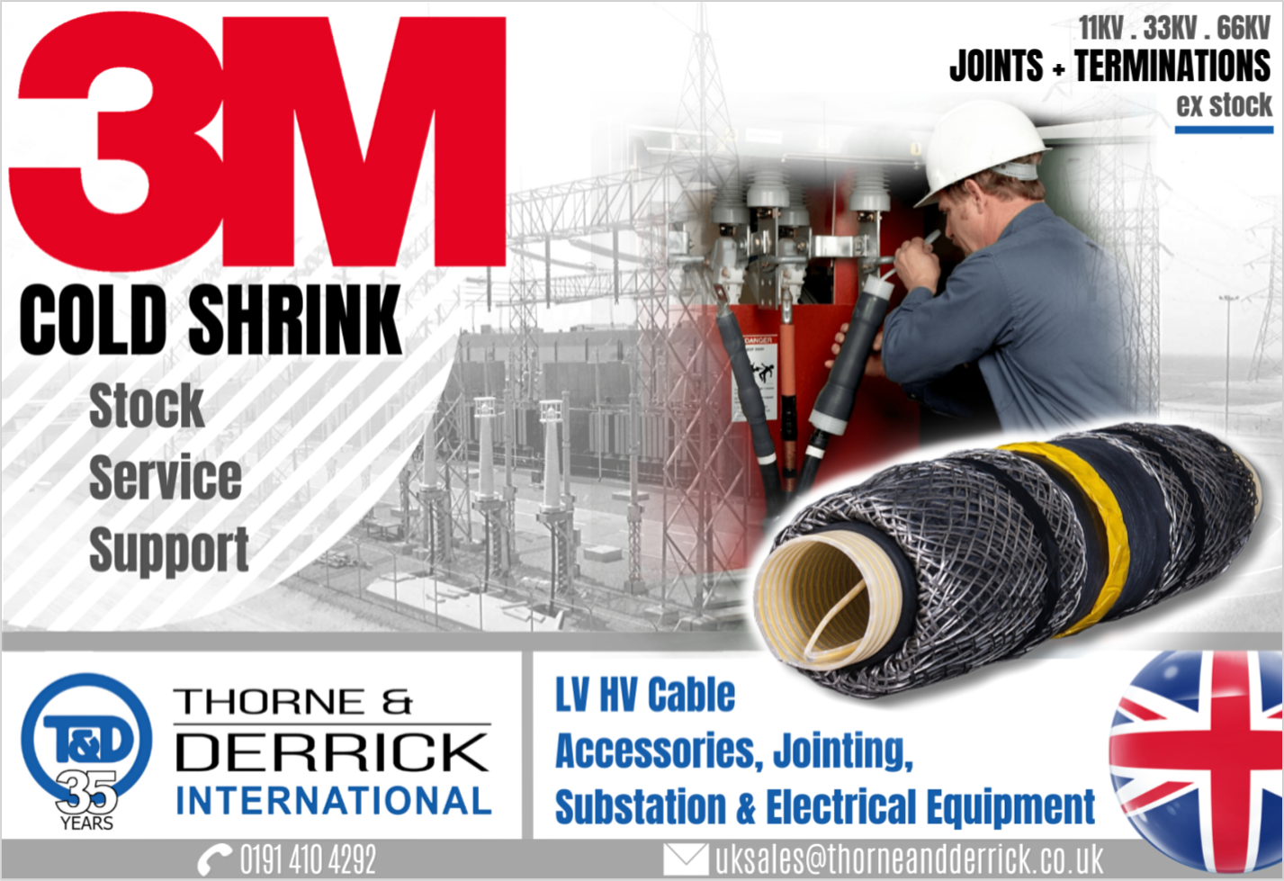 Thorne & Derrick provide competitive prices and fast delivery from stock for the complete range of 3M Scotchcast and Cold Shrink cable joints, terminations, resins and Scotch electrical tapes – we stock high voltage cable joints and terminations manufactured from 3M using Cold Shrink for 11kV/33kV and up to 66kV cables.