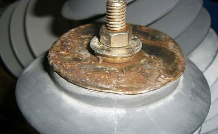 Polymeric housed arrester that experienced an external flashover and seal compromise.