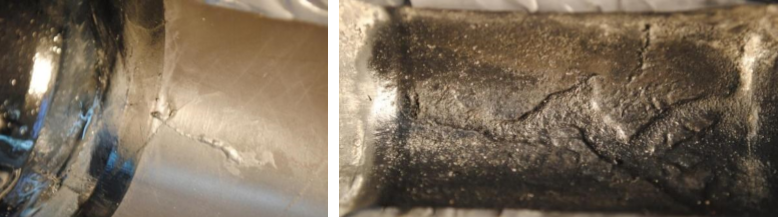 Figure 1 Evidence of electrical treeing was observed on the inside surface of both the serviceable joint with substandard PD activity (left) and the faulted joint (right).
