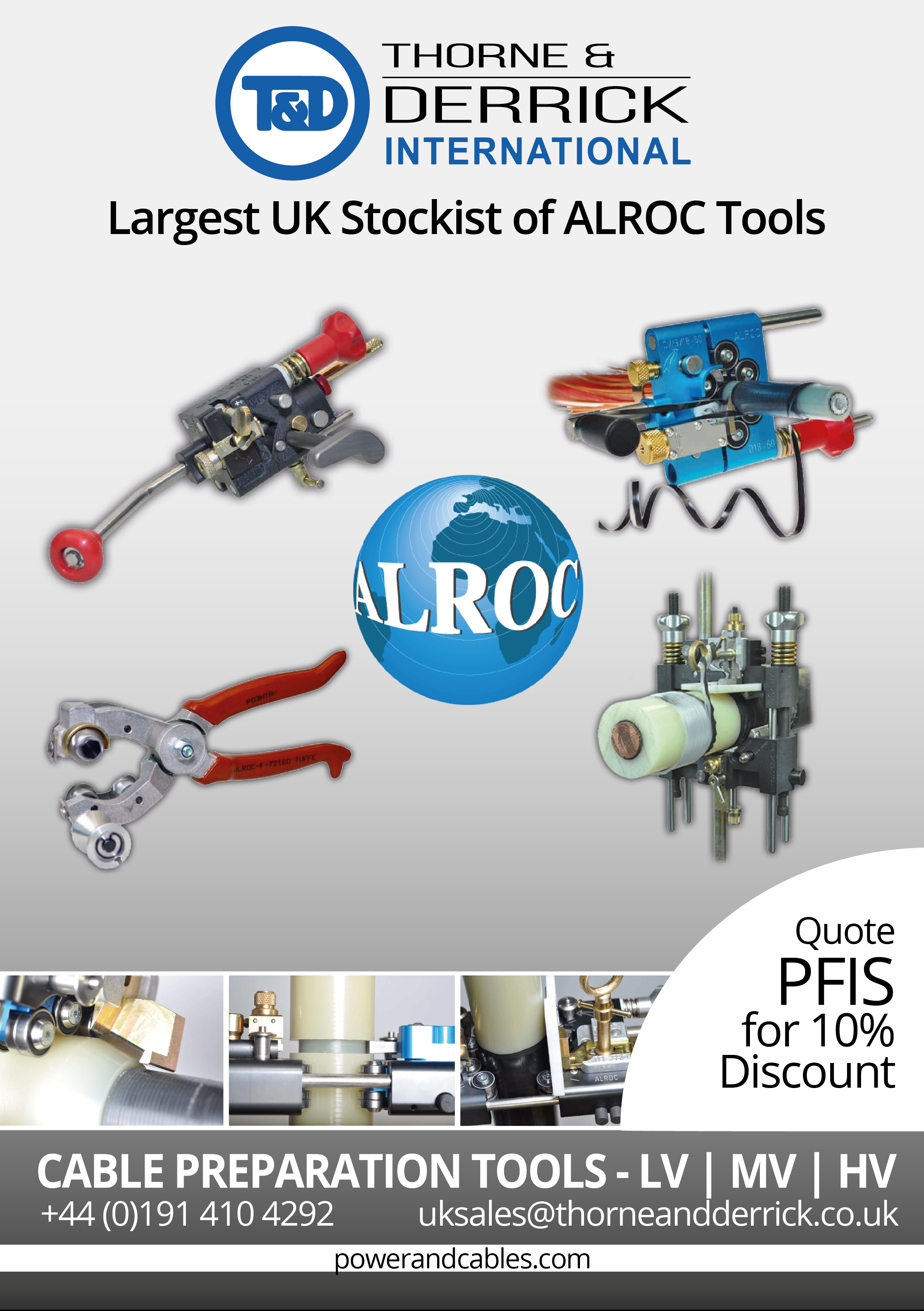 Tools for Jointing, Termination & Preparation of LV MV HV Cables manufactured by Alroc, from 660V to 66kV. Precision-engineered, highest-quality tools for all stages of the Cable Preparation procedure including Cable Sheath/Jacket Stripping, Insulation Removal (XLPE EPR) and Semicon Stripping Stripping (Bonded & Peelable). Thorne & Derrick stock and supply Jointing & Termination Tools and extensive range of Cutting & Crimping Tools from Cembre and Klauke.