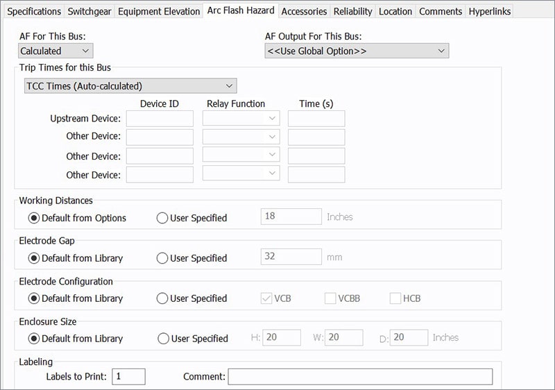 Typical Parameters in the Arc Flash Hazard Tab