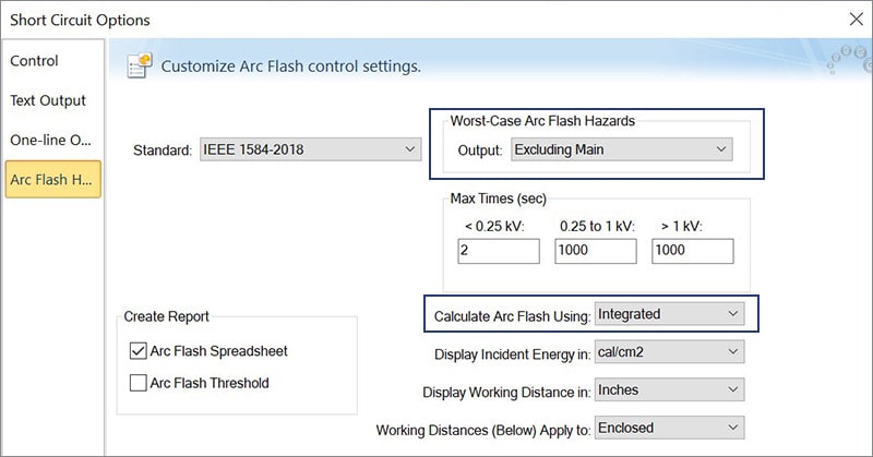 Worst-Case Arc Flash Hazards Indicating the Option to Exclude Main Breaker and Use the Integrated Method to Calculate Arc Flash