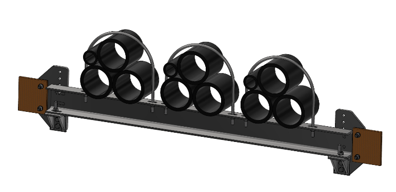 Adjustable duct support bracket including brackets on bridge (brown) and ducts (black) Adjustable duct support bracket including brackets on bridge (brown) and ducts (black)
