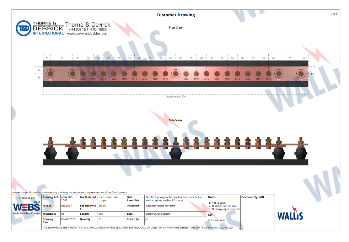 This project required 3 batches of 14 units of an earth bar with 18-way termination points and twin disconnection links for an OEM application in the industrial noise control sector. AN Wallis WEBS software was utilised to generate the above graphic concept of the finished manufactured earth bar. This project required 3 batches of 14 units of an earth bar with 18-way termination points and twin disconnection links for an OEM application in the industrial noise control sector. AN Wallis WEBS software was utilised to generate the above graphic concept of the finished manufactured earth bar.