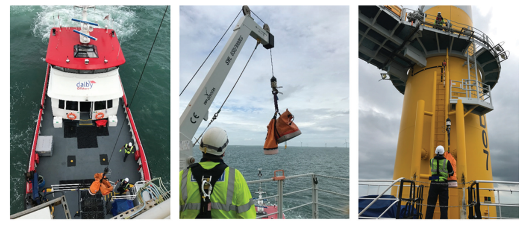The load movement, handling and transfer of items from the Crew Transfer Vessel (CTV) to a wind farm asset via a crane mounted on the TP external platform can involve risk and exposure to potential hand injury accidents and incidents during the physical handling of loads.