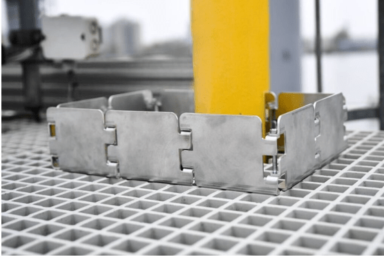 Dropped Object Prevention Equipment Adjustable Kick Plate installed to prevent objects from falling