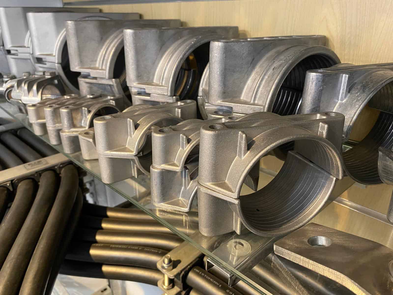 Ellis Patents Aluminium Cable Cleats | the Ellis 2A two hole cable clamps have been designed, developed, tested and manufactured in accordance with IEC 61914 (Cable Cleats for Electrical Installations). The cable clamps are available in a range of sizes with range taking ability to suit single cables - the clamp can be epoxy coated for use in harsh environments, such as sea air conditions. Ellis Patents Aluminium Cable Cleats