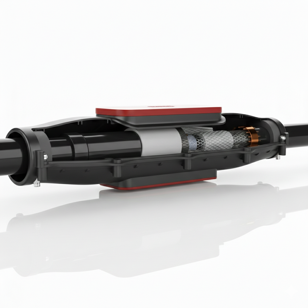 A straight-through joint engineered for connecting polymeric insulated cables