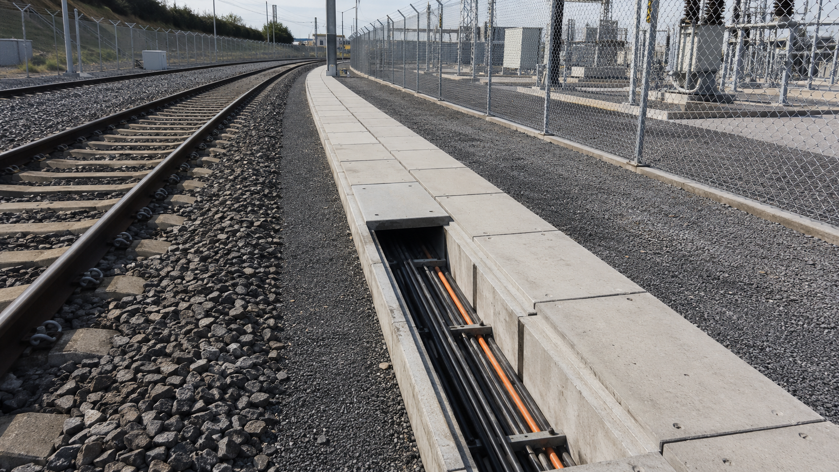 Concrete cable trough with removable lids Concrete cable trough with removable lids protecting power and signalling cables beside railway tracks