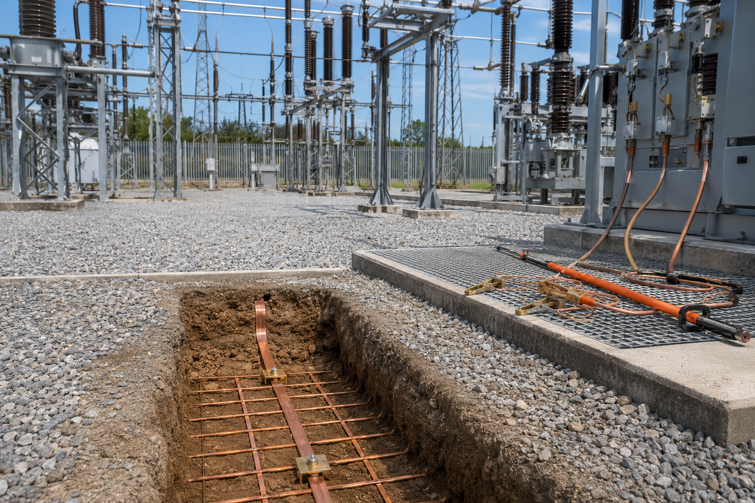 Substation earthing installation Substation earthing installation showing copper earth mat, copper earth tape and portable earthing equipment
