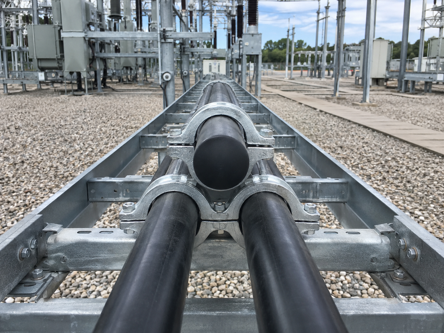 Trefoil cable formation showing three single-core power cables Three single-core power cables installed in trefoil formation using a metallic cable cleat on a substation cable support system.