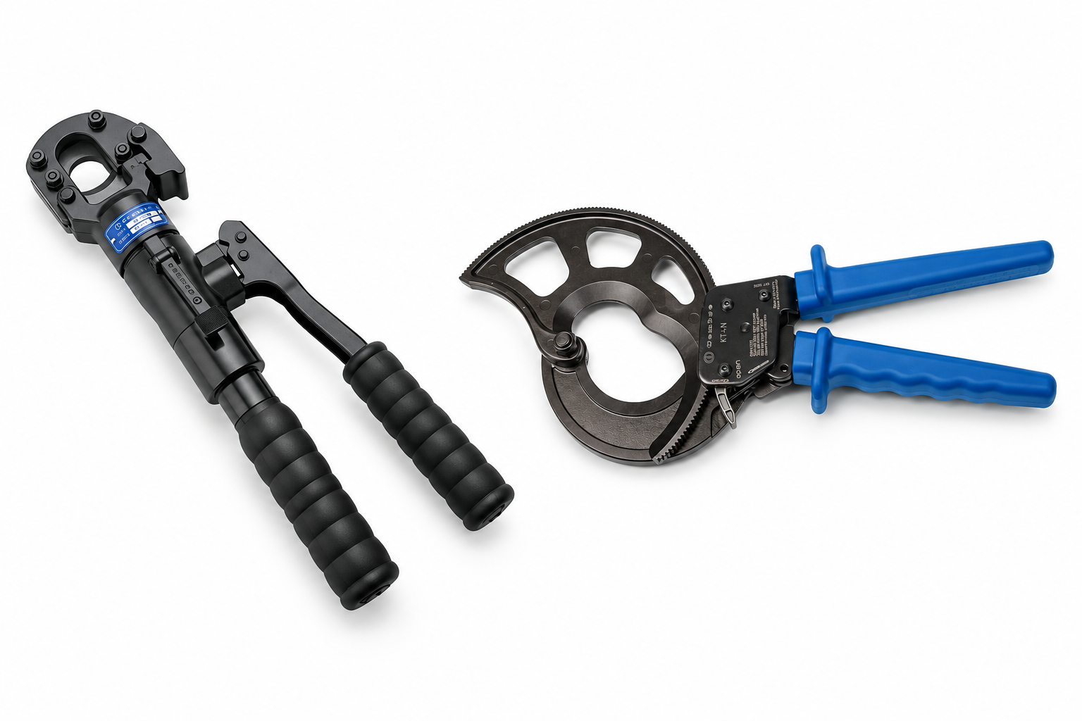 Cembre hydraulic cable cutter compared with a manual ratchet cable cutter for cutting electrical power cables